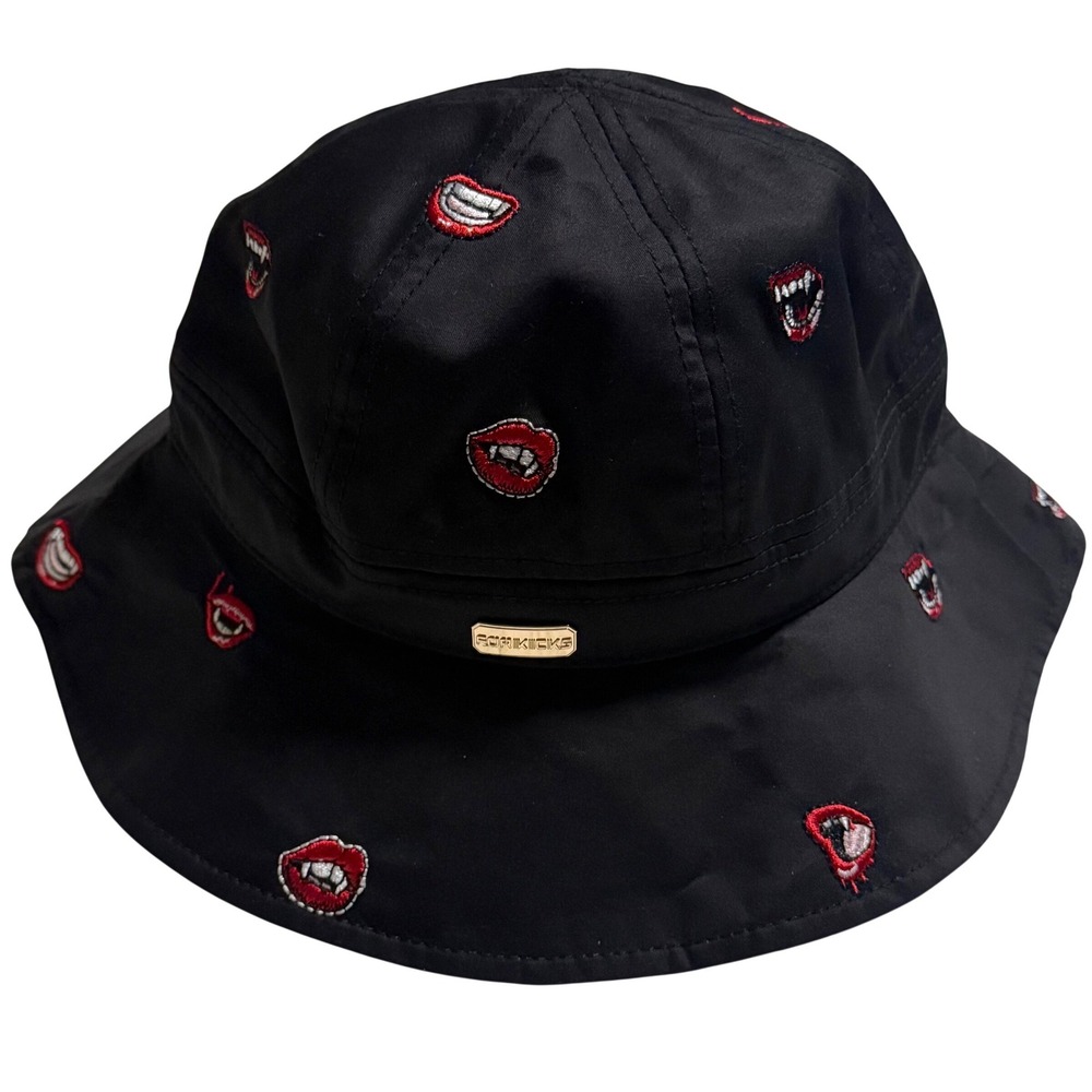 FOR KICKS Vampire Mouth Embroidered Black Cotton Bucket Hat Goth Streetwear NWT